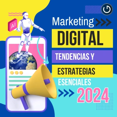 Gráfico innovador mostrando las tendencias de marketing digital para 2024, incluyendo inteligencia artificial, personalización y video marketing