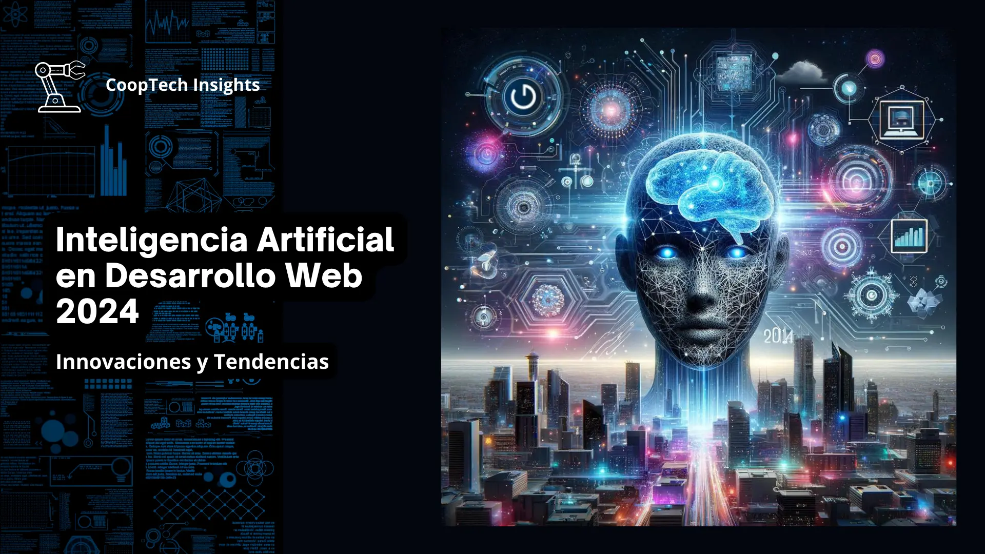 Composición visual representando la fusión de la inteligencia artificial y las tecnologías web modernas para 2024, con elementos de redes digitales, circuitos de IA y diseño web futurista.